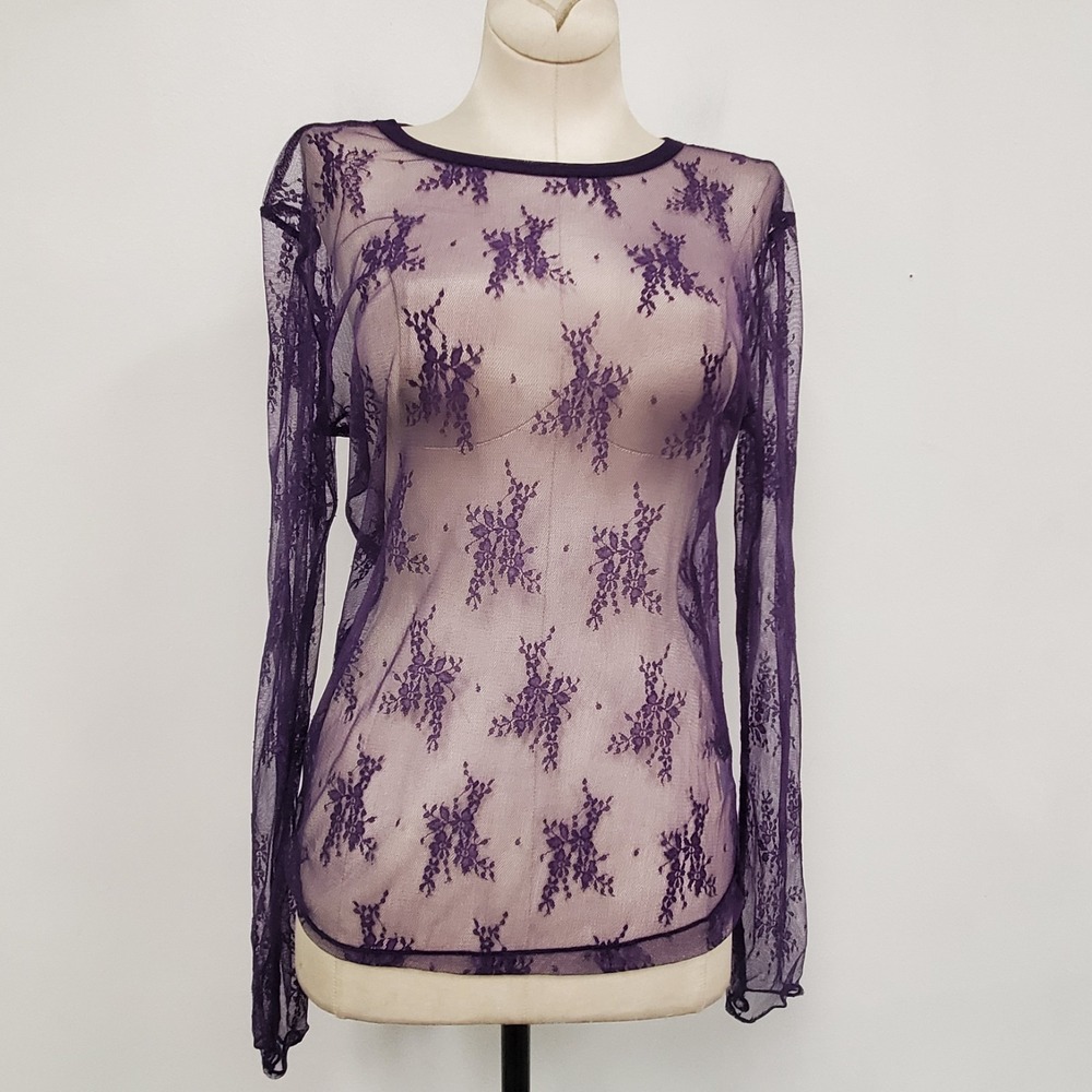 Womens Sheer Mesh Floral Long Sleeve Top Size L Purple Fairy Grunge Vampire